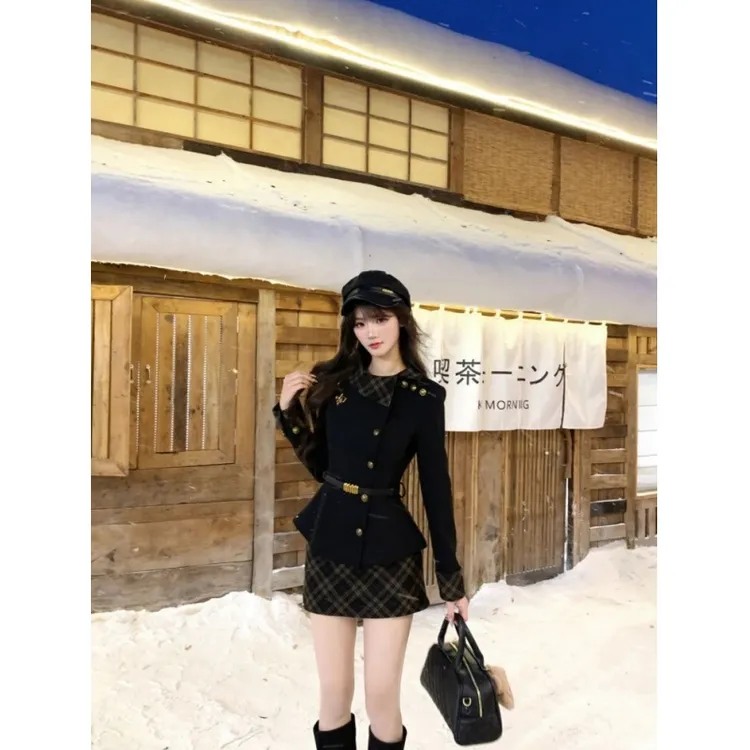 秋冬学院风千金感留洋小姐套装黑色拼接格纹假两件长袖上衣半身裙