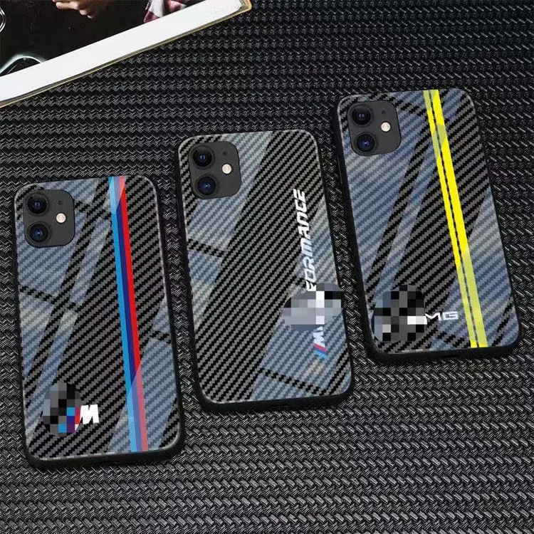 适用碳纤维纹苹果14手机壳iPhone12男款全包13promax玻璃11车标xr