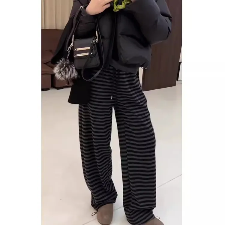 加绒加厚条纹香蕉裤女宽松遮胯阔腿裤冬大码弯刀裤显瘦百搭休闲裤