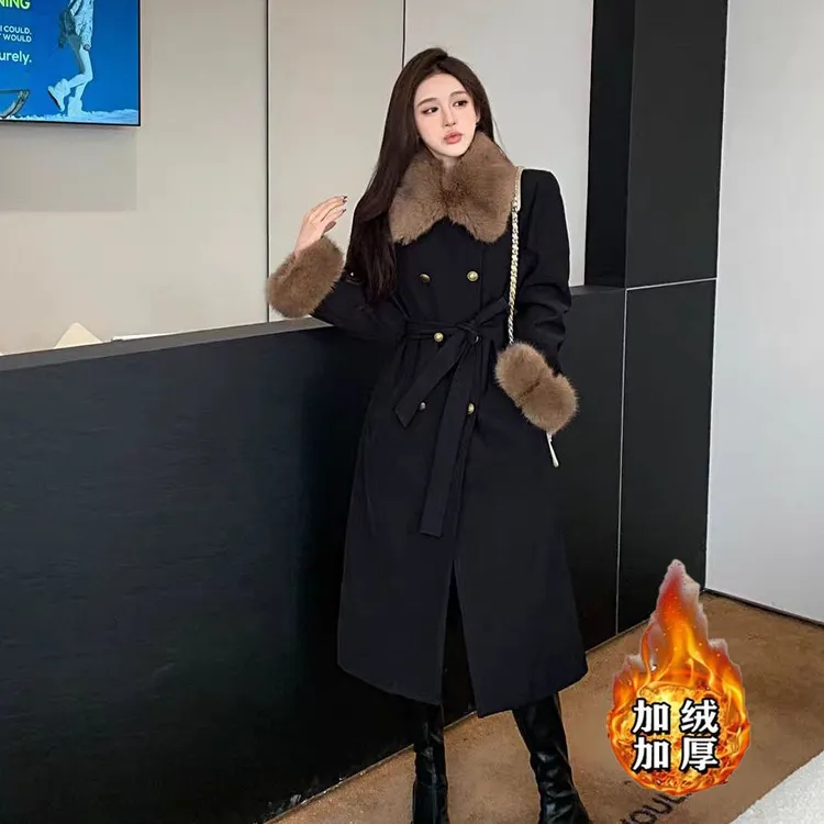 2025冬法式高级气质长款大衣别致设计收腰大码毛呢外套1678