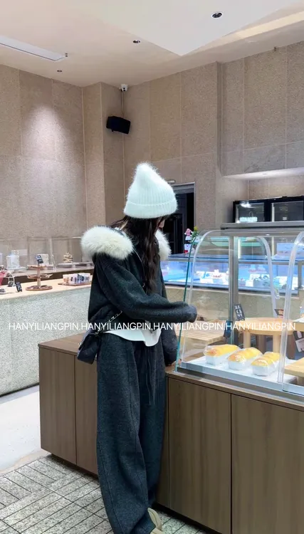 【毛领套装】韩版连帽加绒卫衣套装