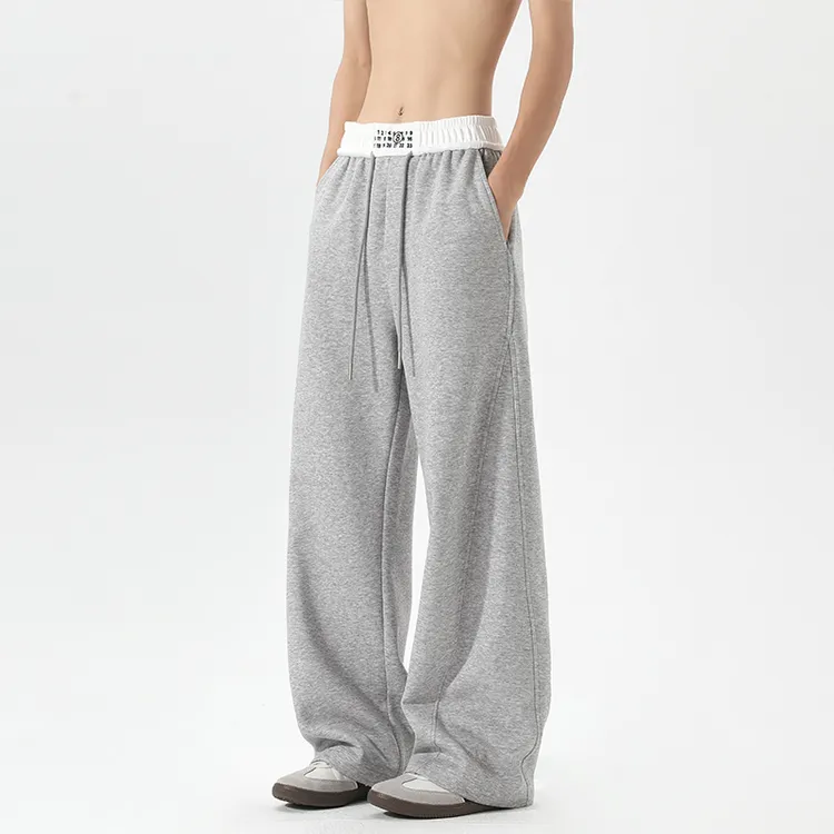 腰头拼色灰色弯刀卫裤男春秋重磅宽松休闲裤子潮牌刺绣直筒运动裤