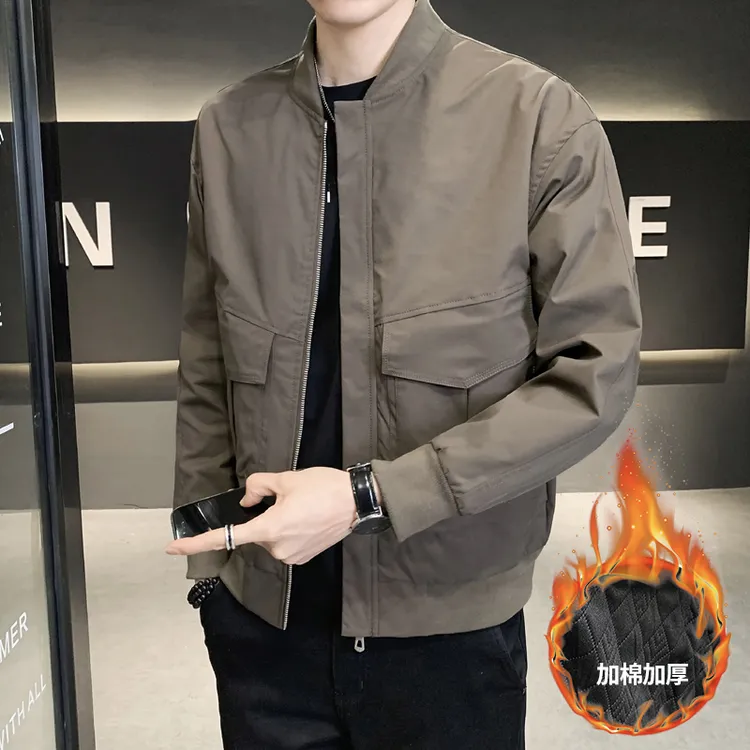 男士简约修身帅气二面夹克秋冬加棉螺纹下摆夹克防风加厚保暖外套
