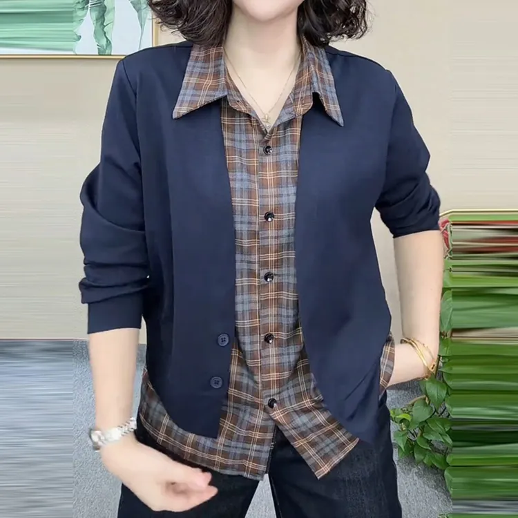 假两件格子拼接翻领衬衫女2026秋季新款宽松遮肚显瘦洋气百搭上衣