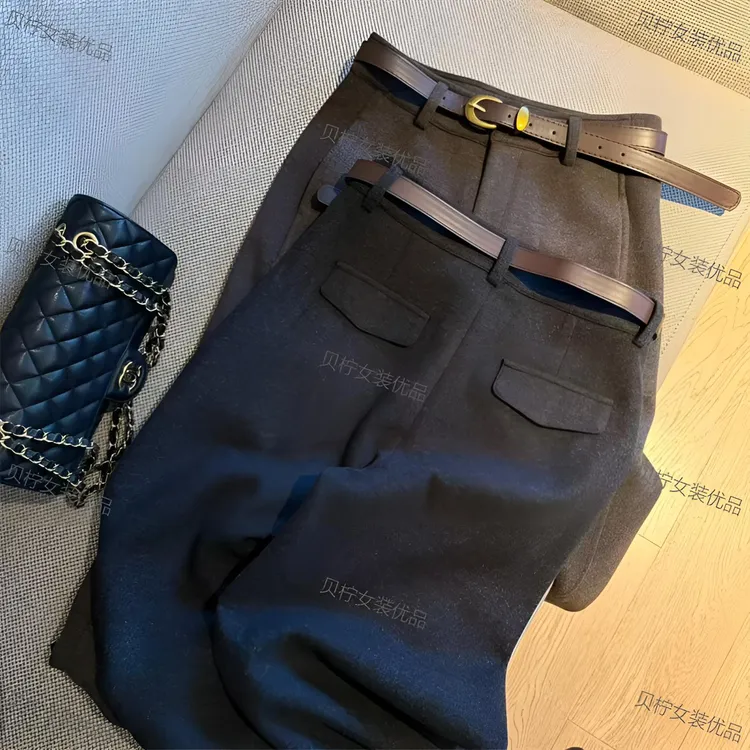 毛呢加绒阔腿休闲裤女2025秋冬季新款高腰显瘦韩系时尚九分直筒裤