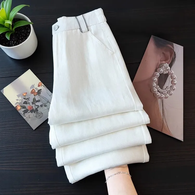 高端白色窄版显瘦阔腿裤女2025春夏季薄款高腰垂坠感直筒拖地裤子