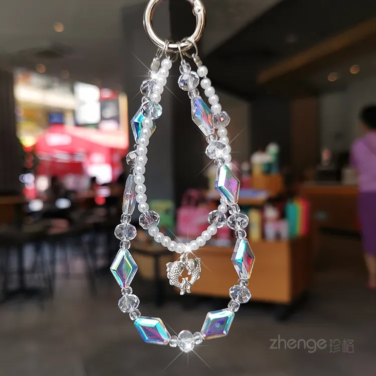 水晶珍珠手机链手腕精致串珠挂件饰品手作户外旅游出行防丢手提链