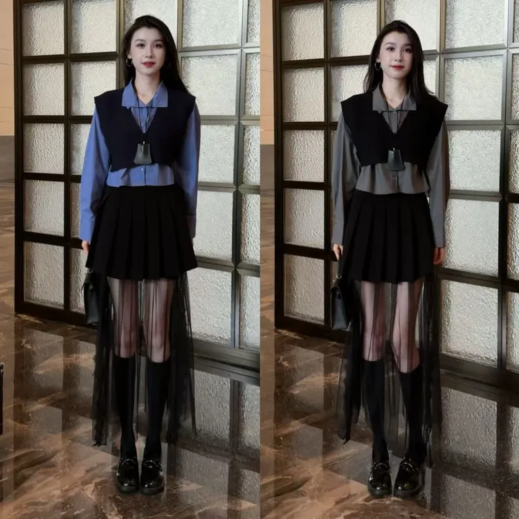 2025早秋新款时尚百搭真两件针织拼短衬衫宽松百褶长纱裙套装