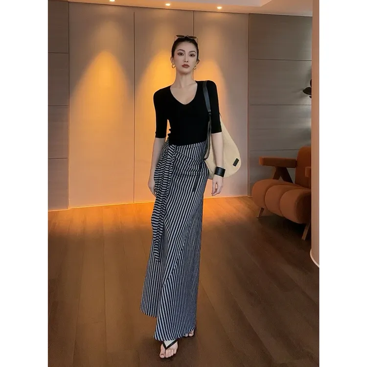 JIJINQI时尚气质韩系条纹设计感高腰中长款半身裙女 JD03BZPT1151