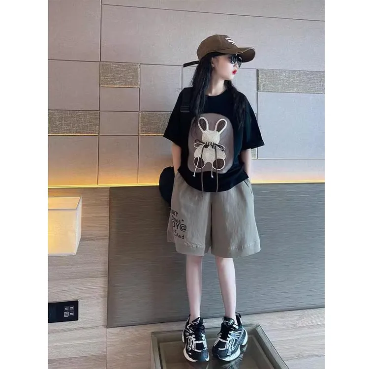 女童夏季短袖套装2025新款儿童夏装女孩韩版运动T恤短裤两件套潮