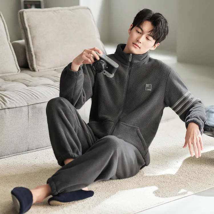 冬款睡衣男士珊瑚绒加厚法兰绒秋冬季可外穿运动休闲家居服男套装