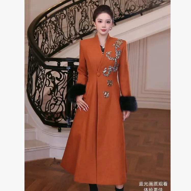 【芙娜妮】2025秋冬定制爱玛橙中长款加厚气质女大衣外套FG2531062A