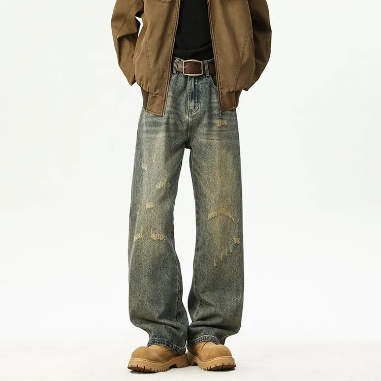 美式复古水洗破洞牛仔裤男生潮牌高街休闲宽松直筒裤vibe百搭长裤
