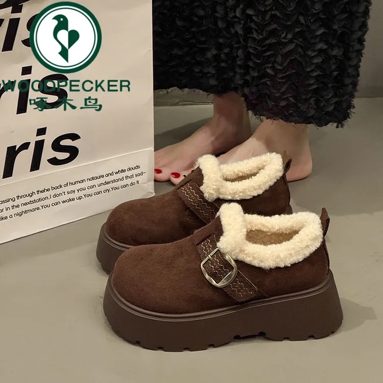 啄木鸟厚底毛毛勃肯鞋女2025新冬季加绒保暖雪地靴外穿棉鞋毛毛鞋