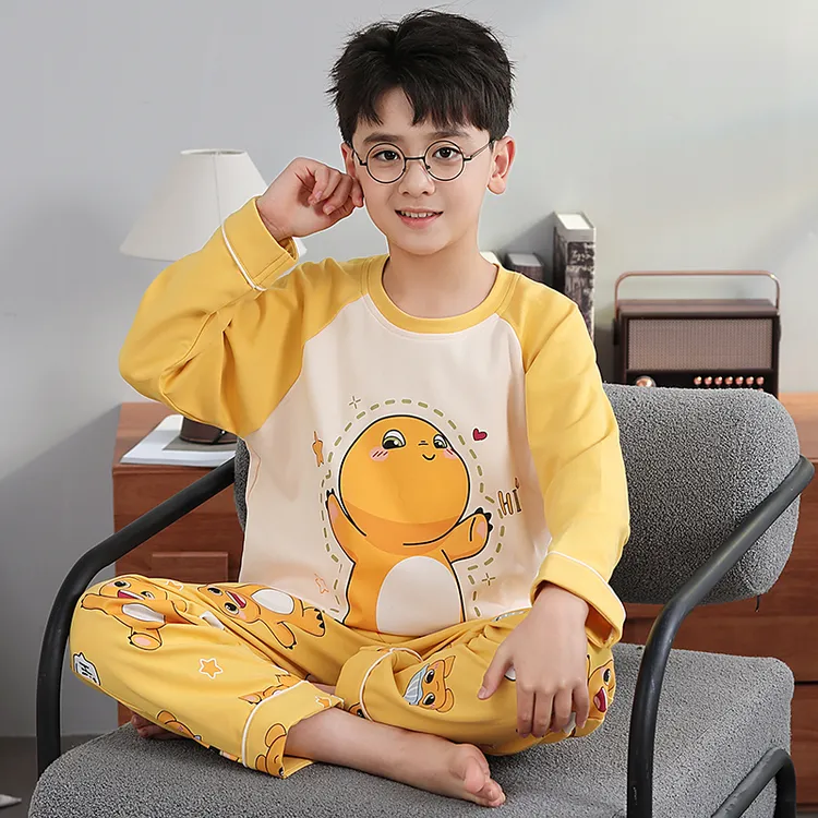 儿童睡衣男孩春秋季精梳棉长袖圆领中大童卡通奶龙女童家居服套装