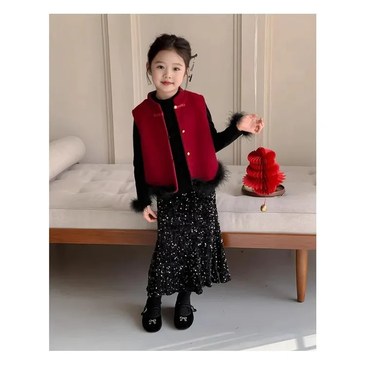 过年服女童2026新款冬装新中式红色新年衣服公主裙套装儿童拜年服