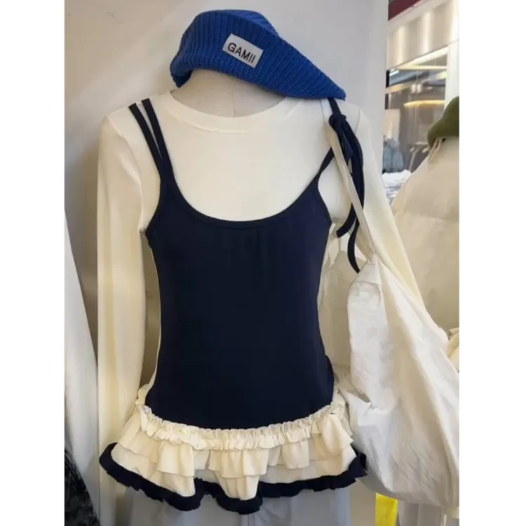 Not defined设计感假两件长袖T恤女早春季修身显瘦叠穿打底衫上衣