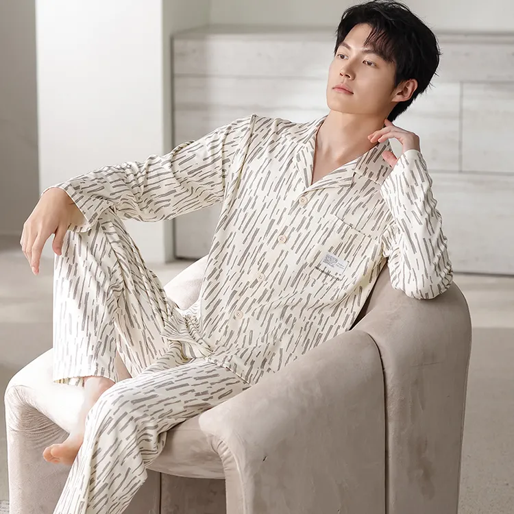 100%纯棉睡衣男春秋开衫翻领少年宽松休闲可外穿长袖冬家居服套装