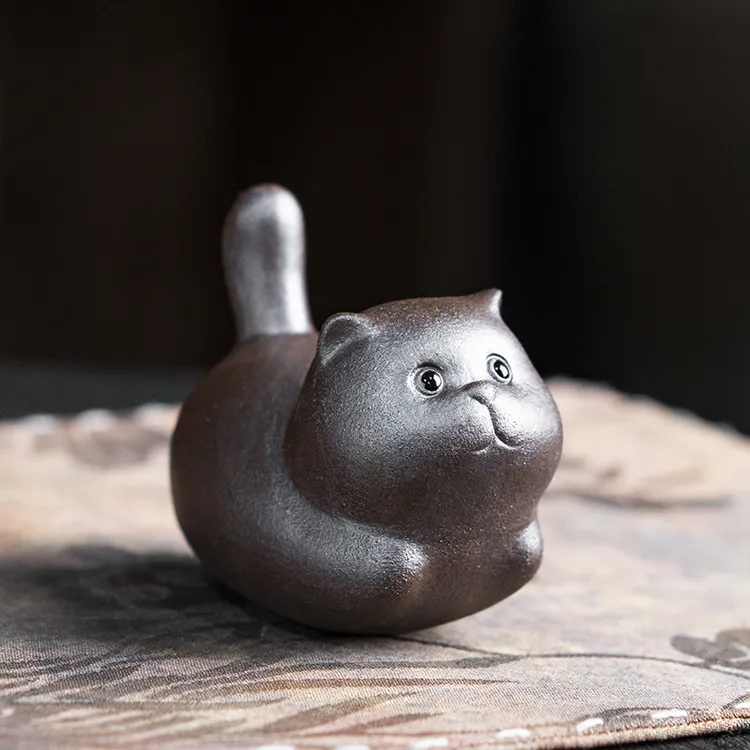 复古粗陶桌面呆萌猫咪手把件陶瓷可爱小猫创意茶宠猫创意文创摆件