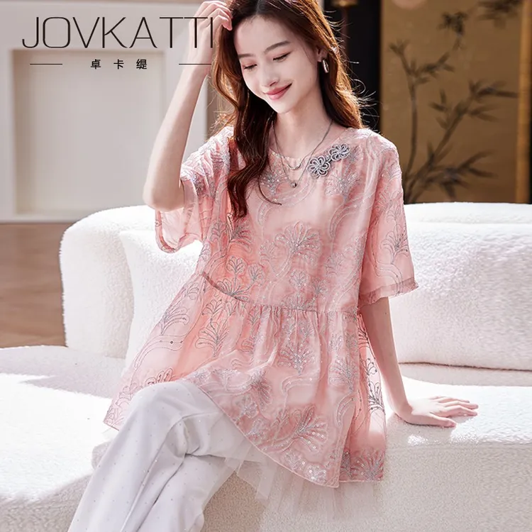 圆领亮丝刺绣短袖衬衫2025夏季蝙蝠袖气质减龄休闲百搭上衣