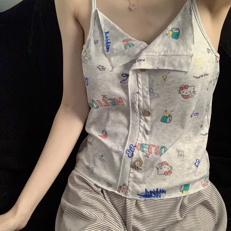 带胸垫睡衣女款夏季宽松舒适性感吊带短裤灰色卡通休闲家居服套装