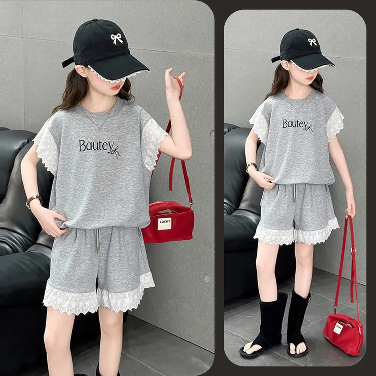 女童夏季时尚花边短袖短裤套装6~12岁中大童宽松韩版休闲洋气潮款
