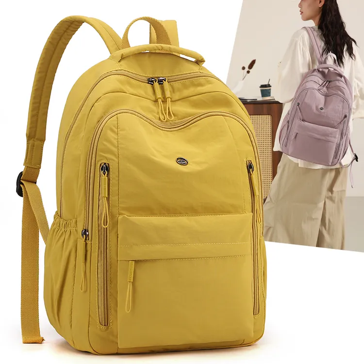 394新款简约风大学生双肩书包女士休闲大容量纯色背包多隔层防水