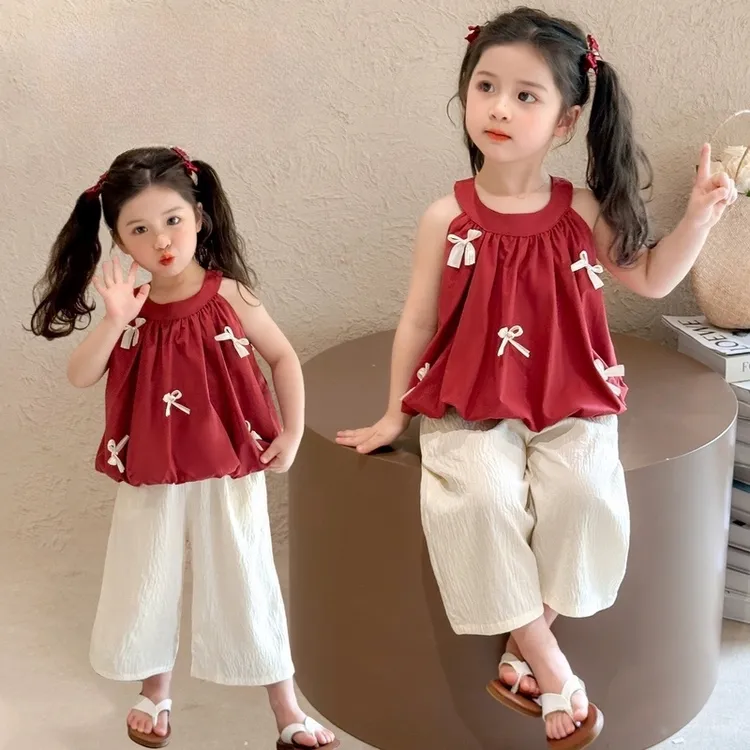 韩系女童夏装套装2025新款儿童洋气背心花苞蝴蝶结夏季背心两件套
