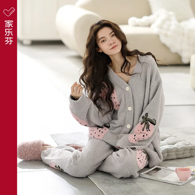 家乐芬睡衣秋冬款女士半边绒冬季大码长袖珊瑚绒家居服套装可外穿