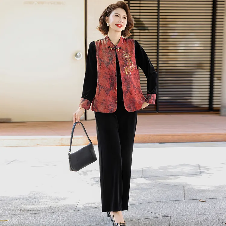 京玉花妈妈装秋季洋气烫金刺绣套装中老年女装时尚春秋款三件套