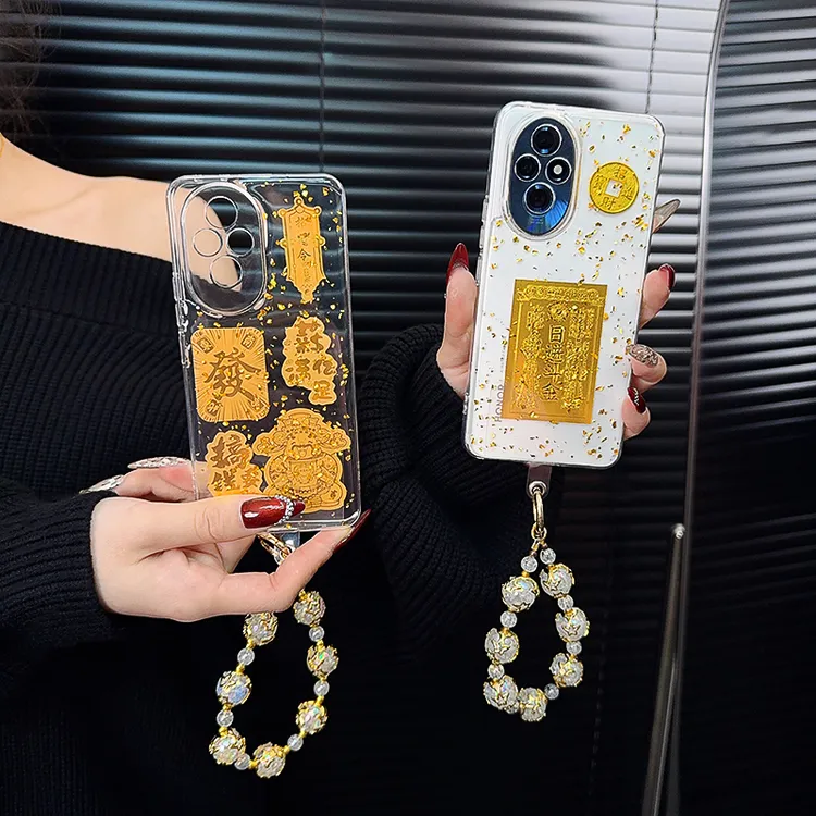 适用荣耀200手机壳新款200pro套honor简约金箔小众滴胶财神爷女款