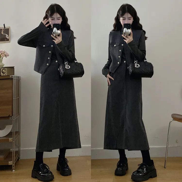 大码胖mm秋季新款时尚遮肉气质马甲半身裙高级感三件套显瘦套装女