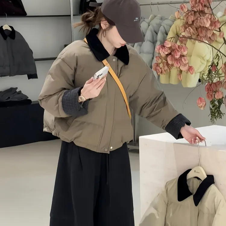 韩系撞色翻领加厚棉服外套女2025冬季新款休闲百搭显瘦小个子棉衣