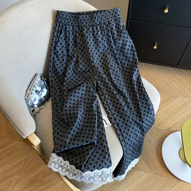 爆款2025年春季小个子蕾丝拼接裤脚碎花阔腿休闲显瘦直筒九分裤女