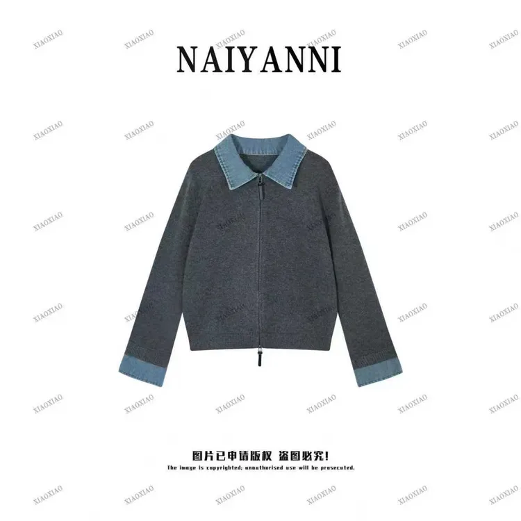 【海盐】翻领开衫款拼接牛仔领毛针织衫长袖纯色时尚开衫针织衫女