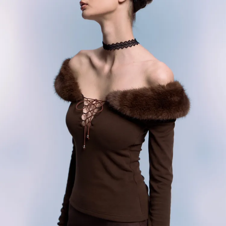 原创设计正反两穿 毛领一字肩设计抽绳修身长袖上衣9801