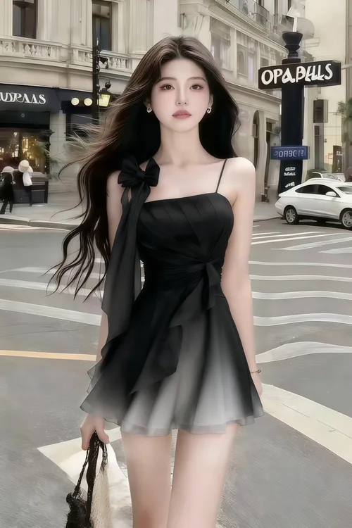 时尚氛围感甜美风少女感黑色一字肩吊带收腰设计感连衣裙气质短裙