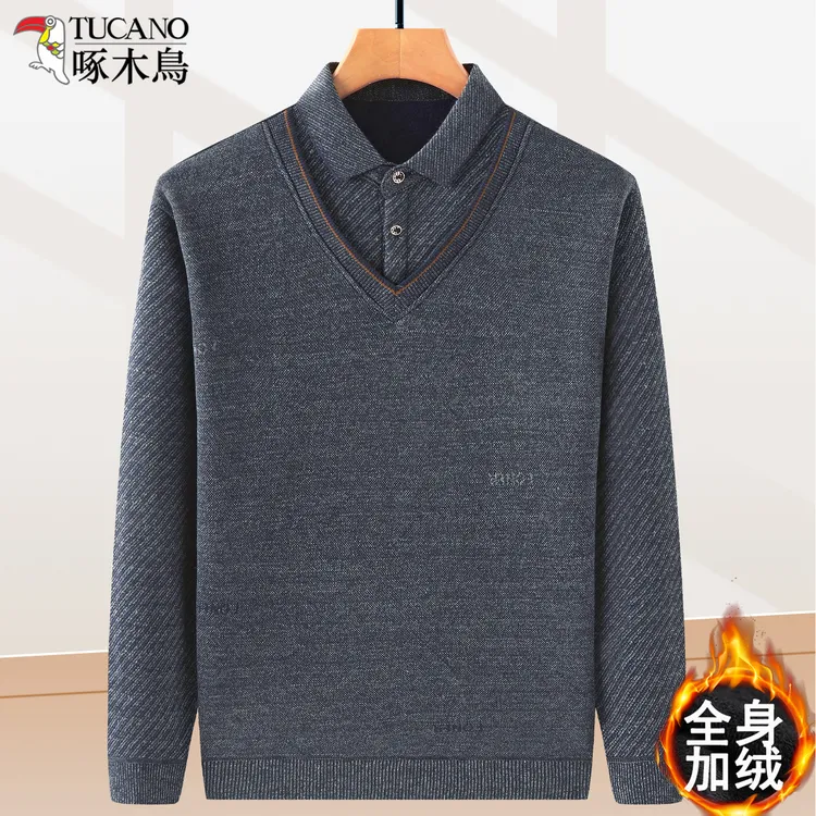 啄木鸟秋冬季中老年男士加绒假两件爸爸装针织衫毛衣中年保暖上衣
