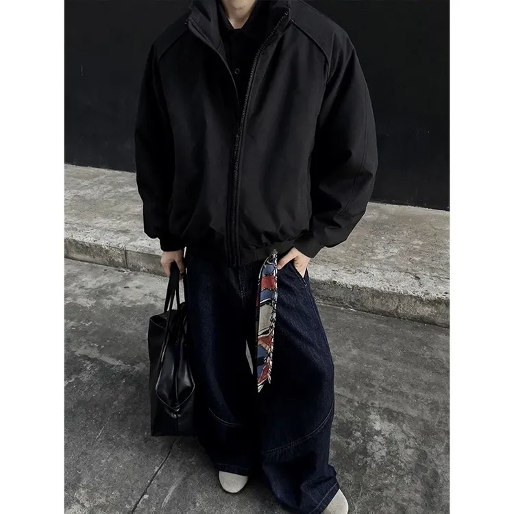 深灰色螺纹立领三防夹克棉服男款冬季美式工装飞行员棒球棉衣外套