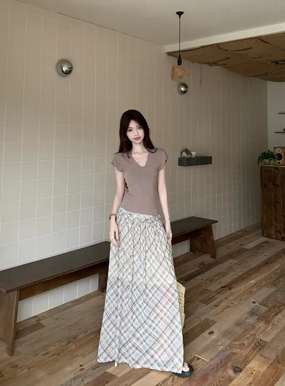 V领木耳边女弹力紧身外穿上衣网纱格子半身裙长裙子套装
