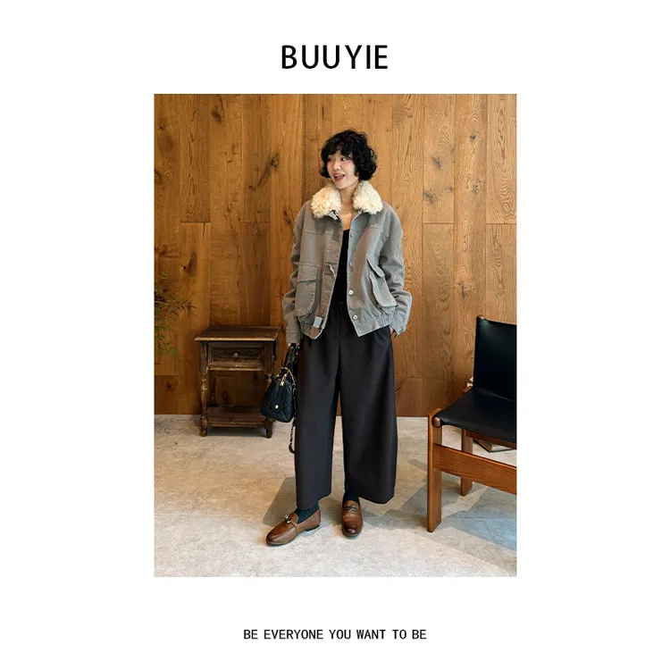 BUUYIE【绒襟】冬季新款骆驼绒填充休闲洋气宽松显瘦棉外套251317
