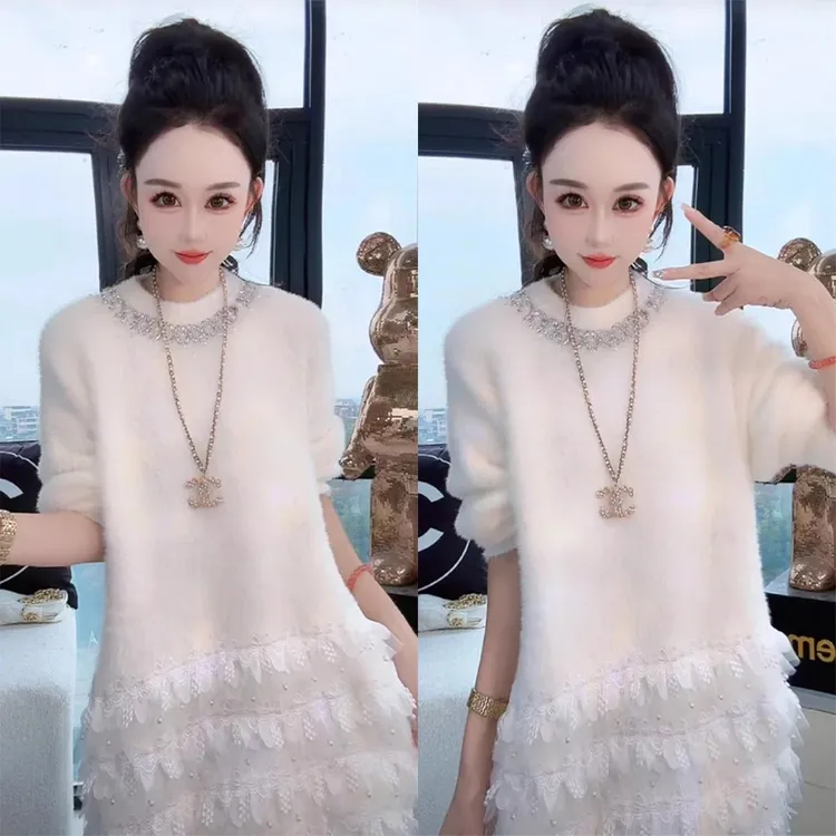 薇恩COCO轻奢重工烫钻花边加厚中长款毛衣女秋冬慵懒风软糯针织衫
