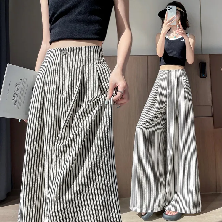 条纹阔腿裤女夏季薄款2025新款高腰显瘦宽松垂感直筒休闲拖地长裤