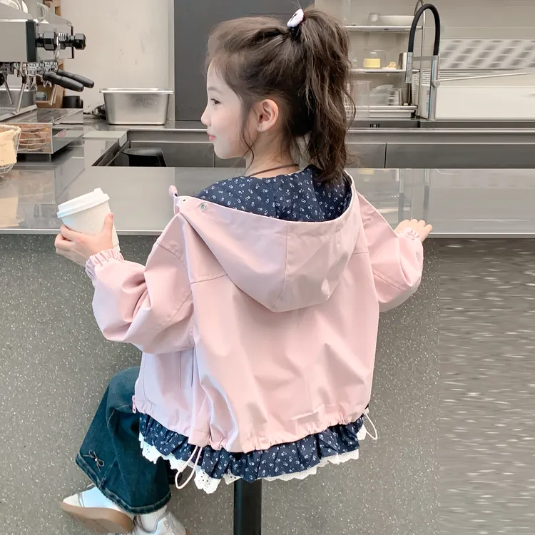 女童春款外套2026新款儿童洋气女孩春季连帽夹克碎花蕾丝边上衣潮