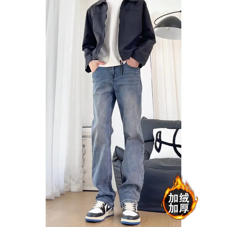 加绒加厚牛仔裤男士美式高街潮牌蓝色水洗做旧潮宽松直筒显瘦长裤