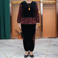 大码胖妈妈装加肥版圆领拼接花金丝绒套装2025秋中老年洋气两件套