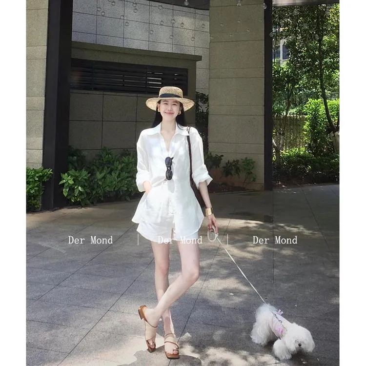 松弛感老钱风套装女2025夏季简约高级感白色棉麻衬衫宽松显瘦短裤