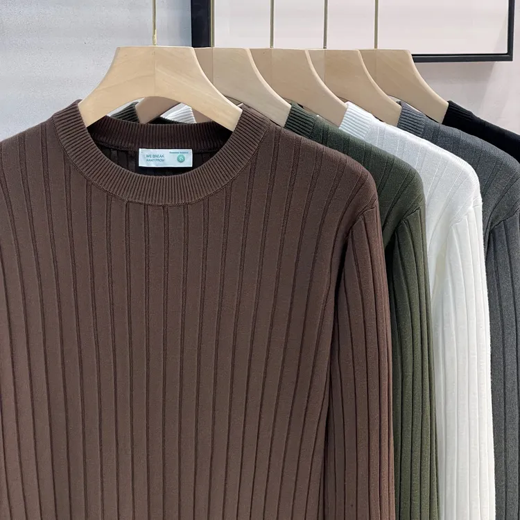 纯色内搭圆领毛衣男秋冬修身坑条提花针织打底衫男装长袖套头毛衫