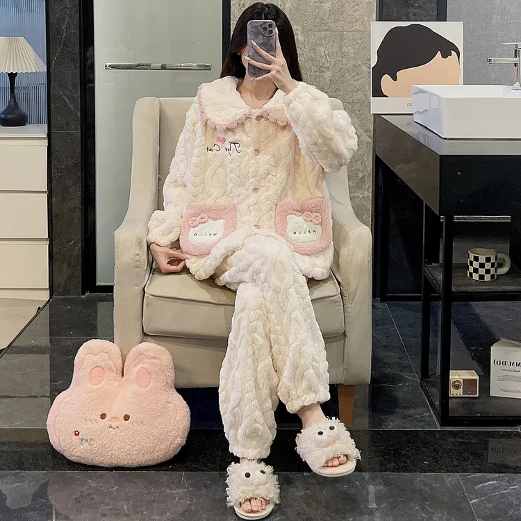 睡衣女秋冬季珊瑚绒大码加厚可外穿长毛绒粉色新款保暖家居服套装