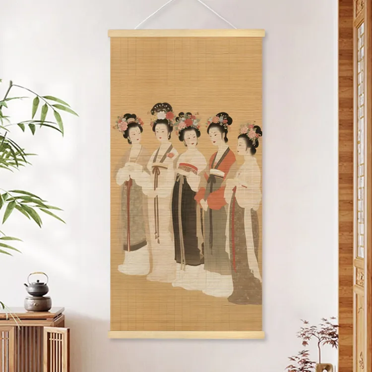 中式美女人物卷轴装饰画适合书房茶室玄关背景墙竖版客厅竹编挂画